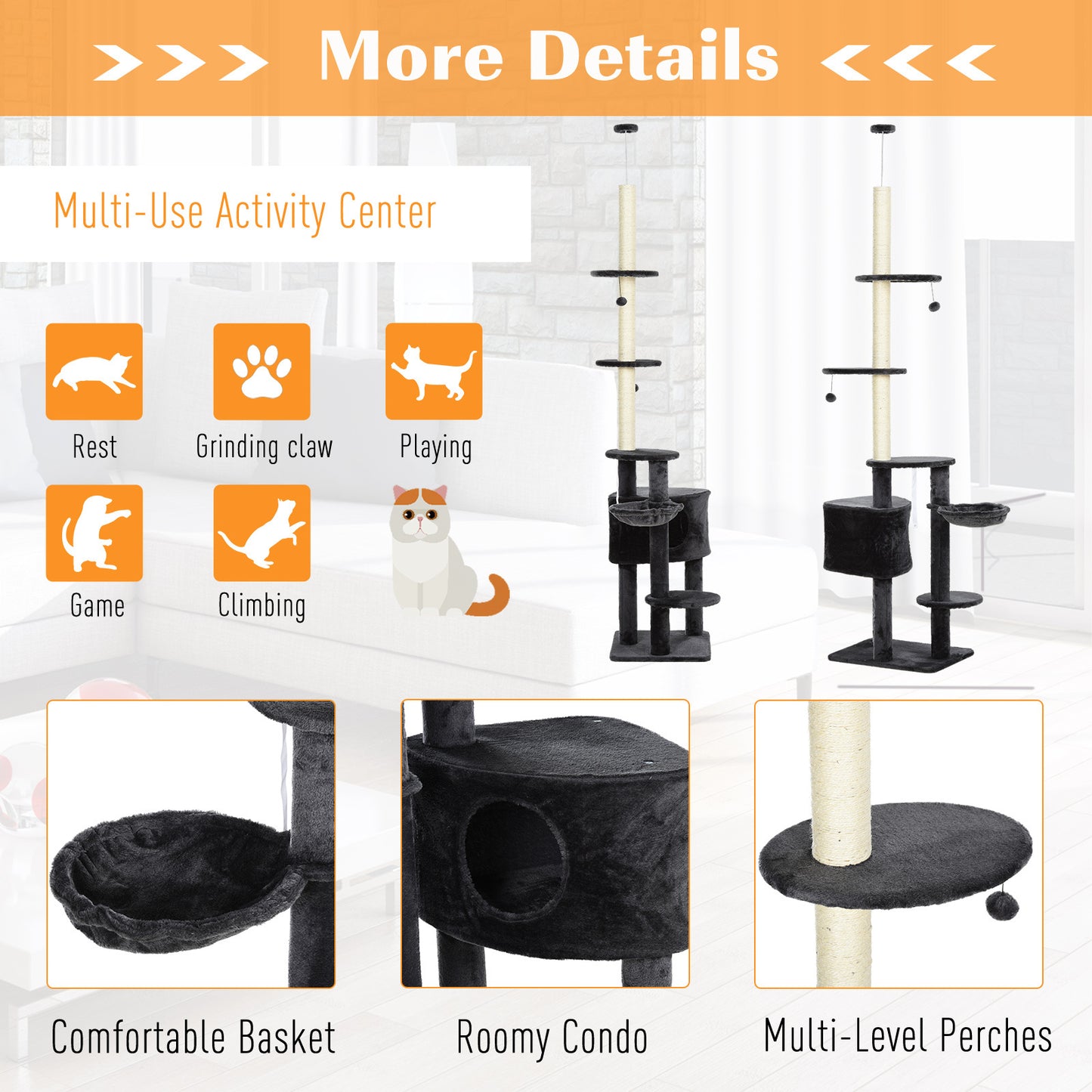 PawHut Adjustable Height Floor-To-Ceiling Vertical Cat Tree with Carpet Platforms, Condo & Rope Scratching Areas, Dark Grey