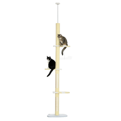PawHut 4-Tier Tall Cat Tower, Floor to Ceiling Cat Tree, Height Adjustable 87 - 103 Inch with Plush Platforms, Sisal Scratching Posts, Toy Ball for Indoor Cats, Yellow