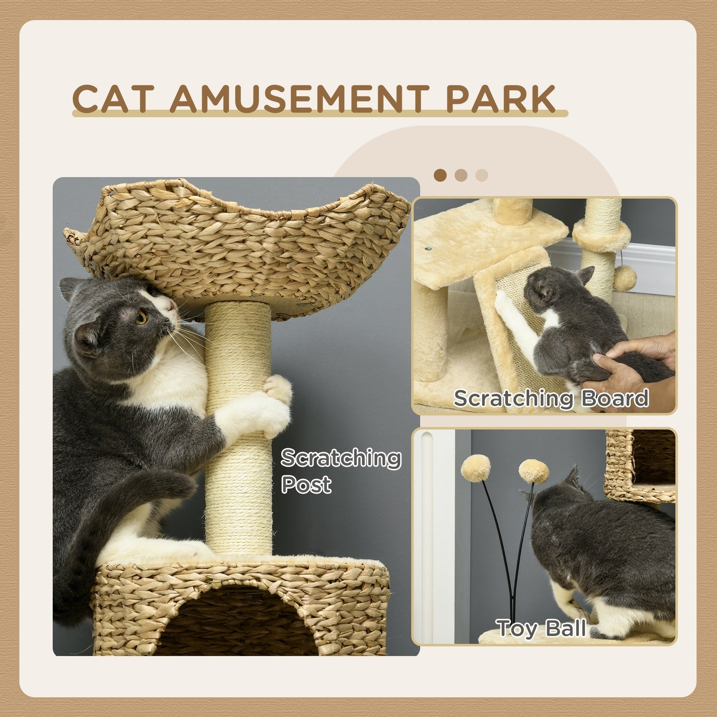 PawHut 45" Cat Tree for Indoor Cats, Cat Tree Tower with Scratching Posts, Ramp, Condo, Toy Balls, Platforms, Bed, Ramp, Beige