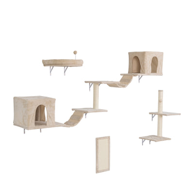 Wall-mounted Cat Tree, Cat Furniture with 2 Cat Condos House, 3 Cat Wall Shelves, 2 Ladder, 1 Cat Perch, Sisal Cat Scratching Posts and Pad