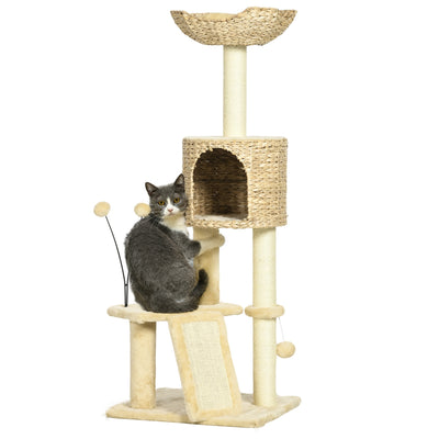 PawHut 45" Cat Tree for Indoor Cats, Cat Tree Tower with Scratching Posts, Ramp, Condo, Toy Balls, Platforms, Bed, Ramp, Beige