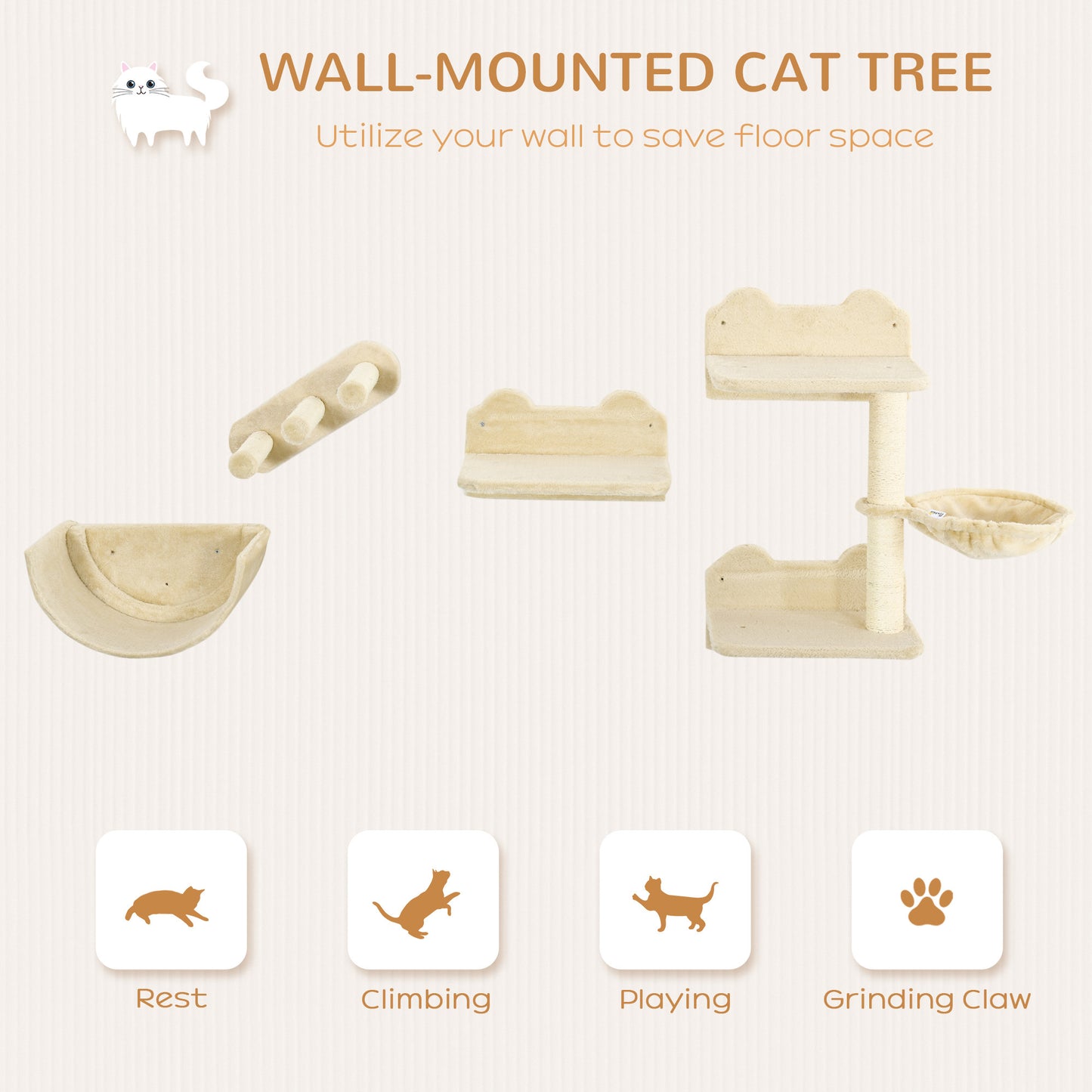 PawHut Cat Wall Shelves, 4 Pcs Cat Wall Furniture Cat Climbing Shelf with Cat Hammock, 3 Steps, Perches, Scratching Post, for Sleeping, Playing, Beige