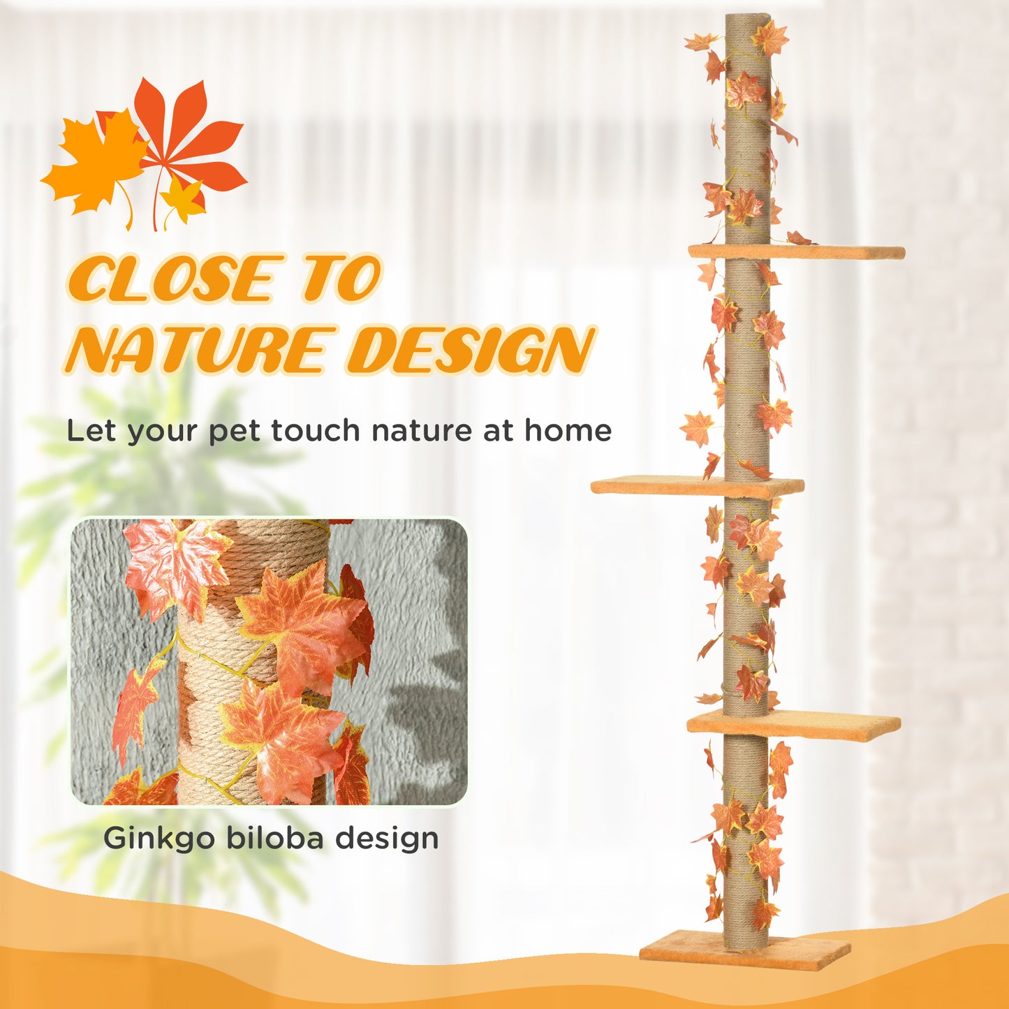 Pawhut Floor to Ceiling Cat Tree, 80" - 95" Adjustable Tall Cat Tower, 3-Level Cat Climbing Towe  for Indoor Cats with Sisal Scratching Post, Platforms, Leaves, Orange