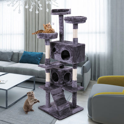 Cat Tree Cat Tower with Scratching Ball, Plush Cushion, Ladder and Condos for Indoor Cats, Gray