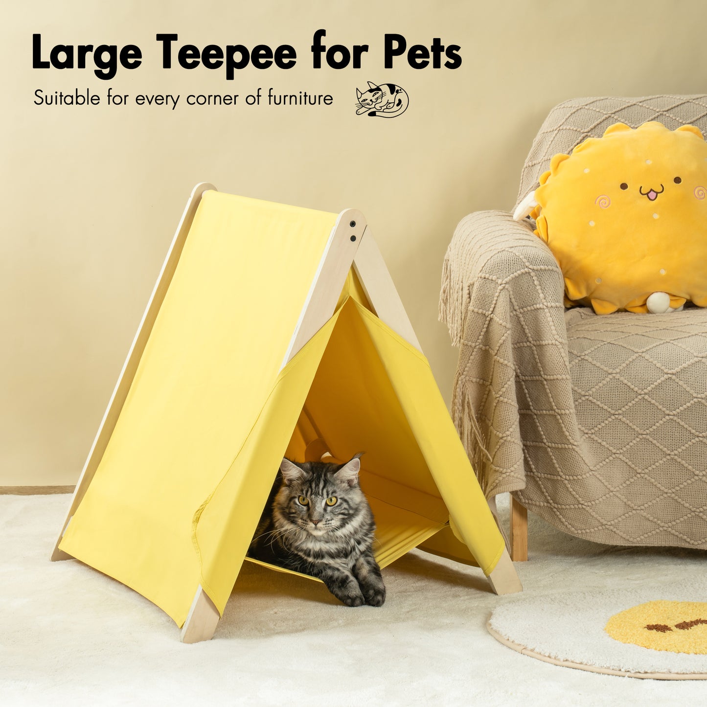 Pet Tent, Cat Tent for Indoor Cats, Wooden Cat House for small Pets,Yellow