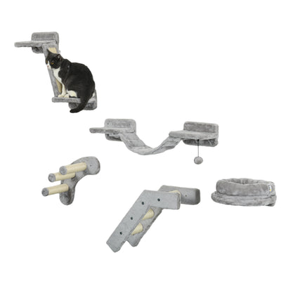 PawHut 5PCs Cat Wall Shelves, Cat Wall Furniture with Steps, Perches, Ladders, Platforms, Wall Mounted Cat Furniture with Soft Plush, Sisal, for Indoor Cats, Gray