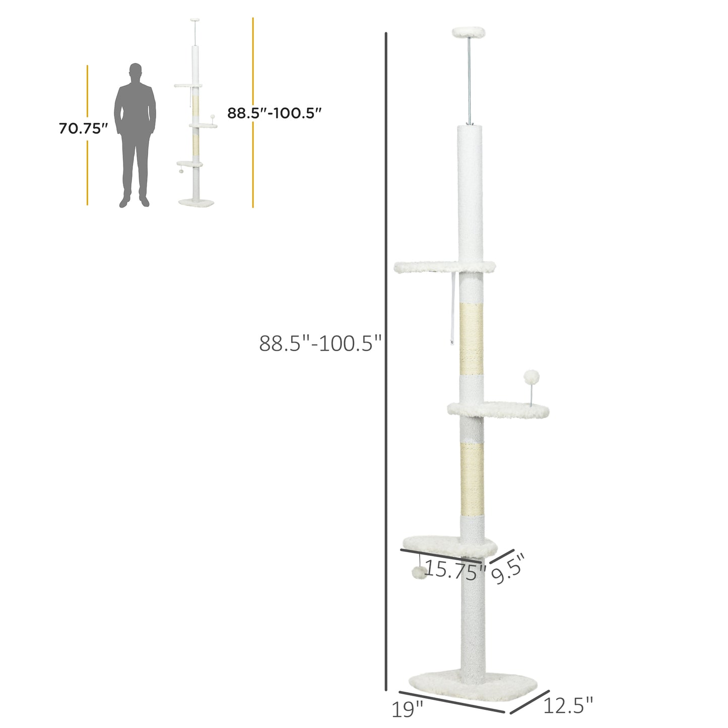 PawHut Floor to Ceiling Cat Tree with Scratching Posts, 88.5"-100.5" Adjustable Height, Cat Climbing Tower with Cloud Shape Platforms, Toy Balls, Anti-toppling Device, White