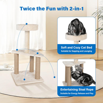 Cat Tree with Sisal Covered Scratching Post, 31.8 Inches Cat Tower with Plush Perchesfor Indoor Cats,15.7 x 31.8 Inches, Furniture Protect,Beige