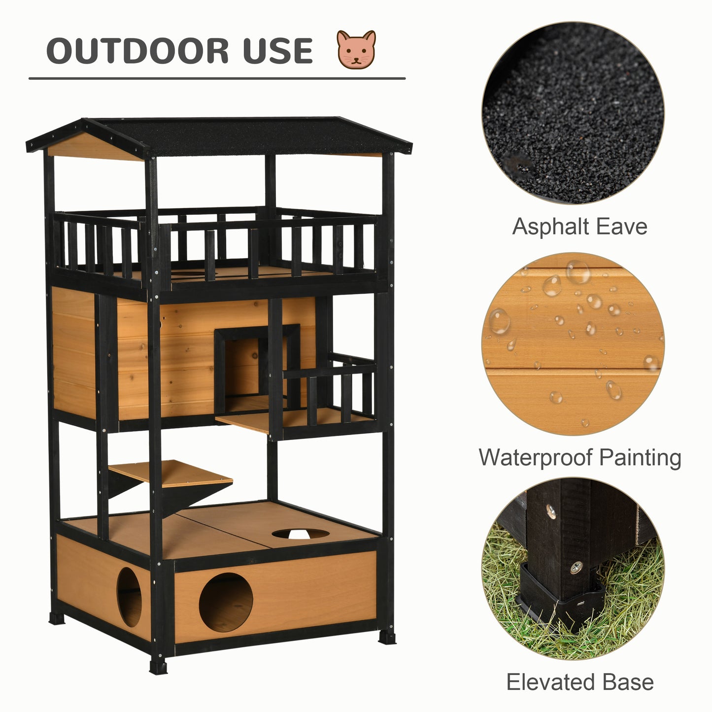 PawHut Wooden Outdoor Cat House, Feral Cat Shelter Kitten Tree with Asphalt Roof, Escape Doors, Condo, Jumping Platform, Yellow