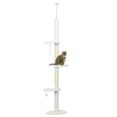 PawHut Floor to Ceiling Cat Tree with Scratching Posts, 88.5"-100.5" Adjustable Height, Cat Climbing Tower with Cloud Shape Platforms, Toy Balls, Anti-toppling Device, White