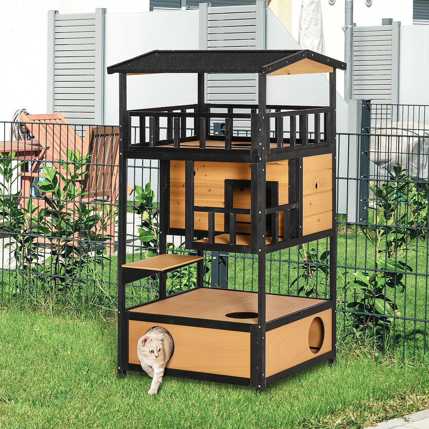 PawHut Wooden Outdoor Cat House, Feral Cat Shelter Kitten Tree with Asphalt Roof, Escape Doors, Condo, Jumping Platform, Yellow