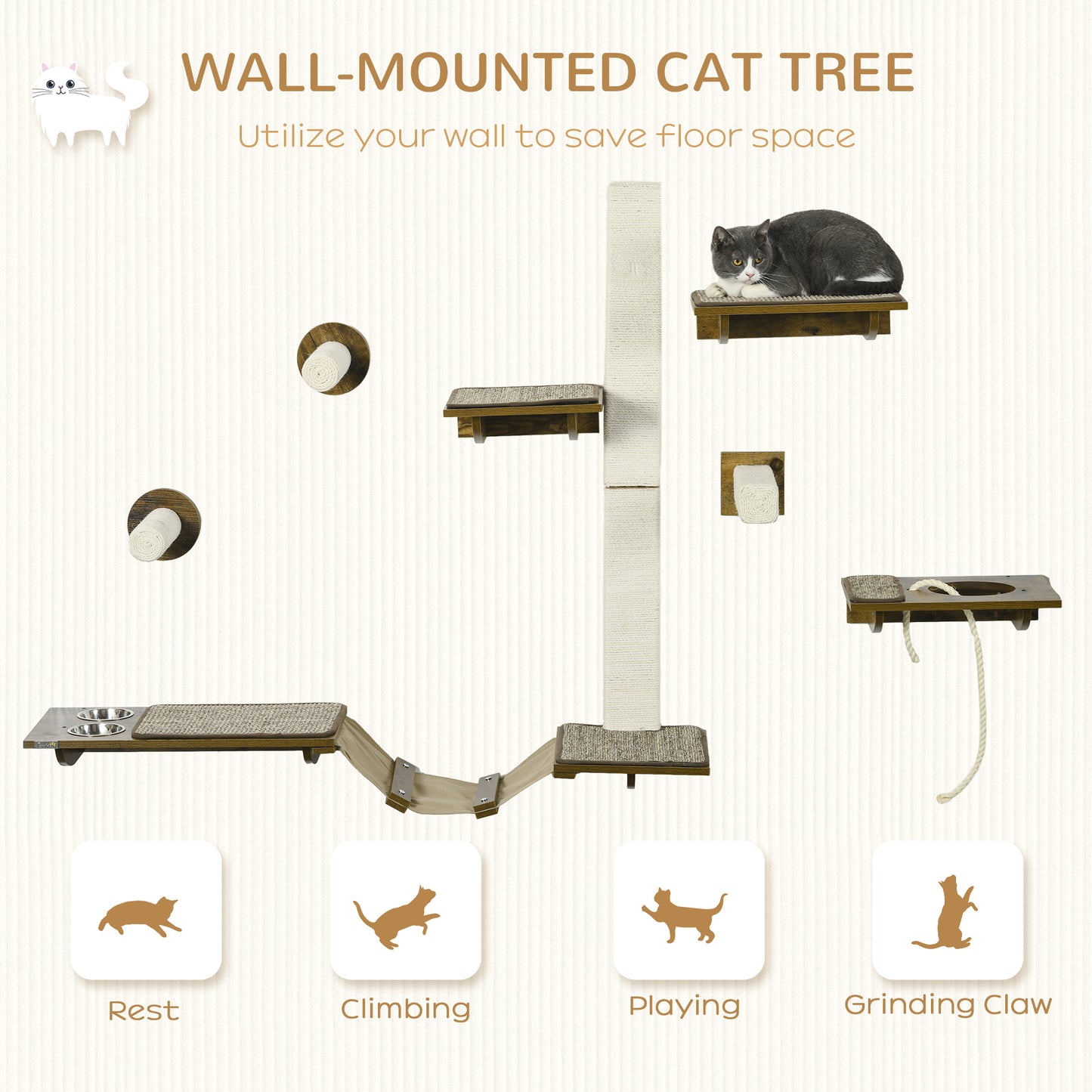 PawHut Cat Wall Shelves, Cat Wall Furniture with Perches, Scratching Posts, Ladder, Feeder Bowls, 8 Piece Wall Mounted Cat Shelves for Climbing, Sleeping, Playing, Brown
