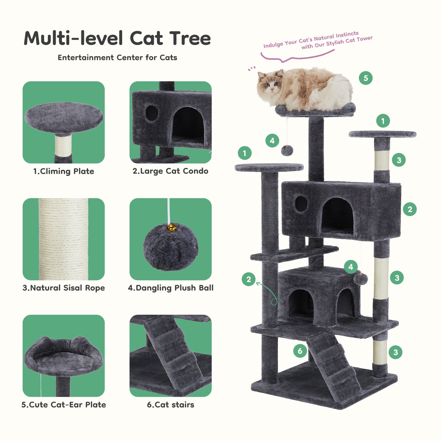 54in Cat tree, indoor cat high-rise multi-story tower, pet playroom with large apartment, dark grey