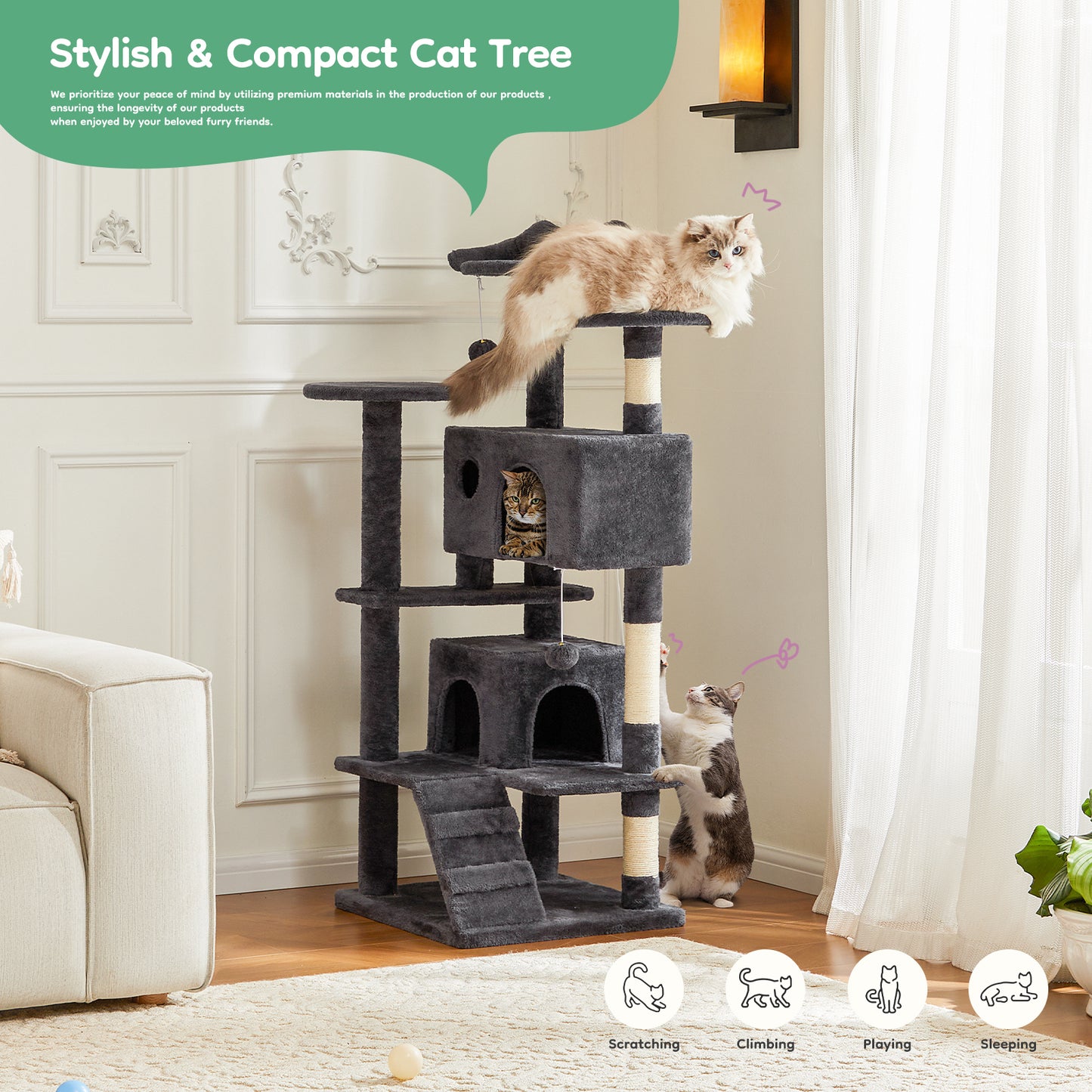 54in Cat tree, indoor cat high-rise multi-story tower, pet playroom with large apartment, dark grey