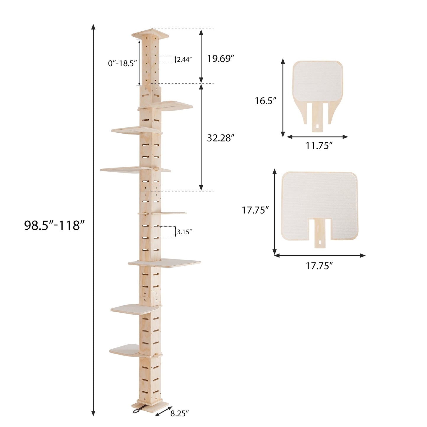 9' Adjustable Height Floor-to-Ceiling Cat Tree, Multi-Level Cat Vertical Cat Condo, Cat Climbing Frame Activity Center with Perching Shelves for Indoor Cats, Natural