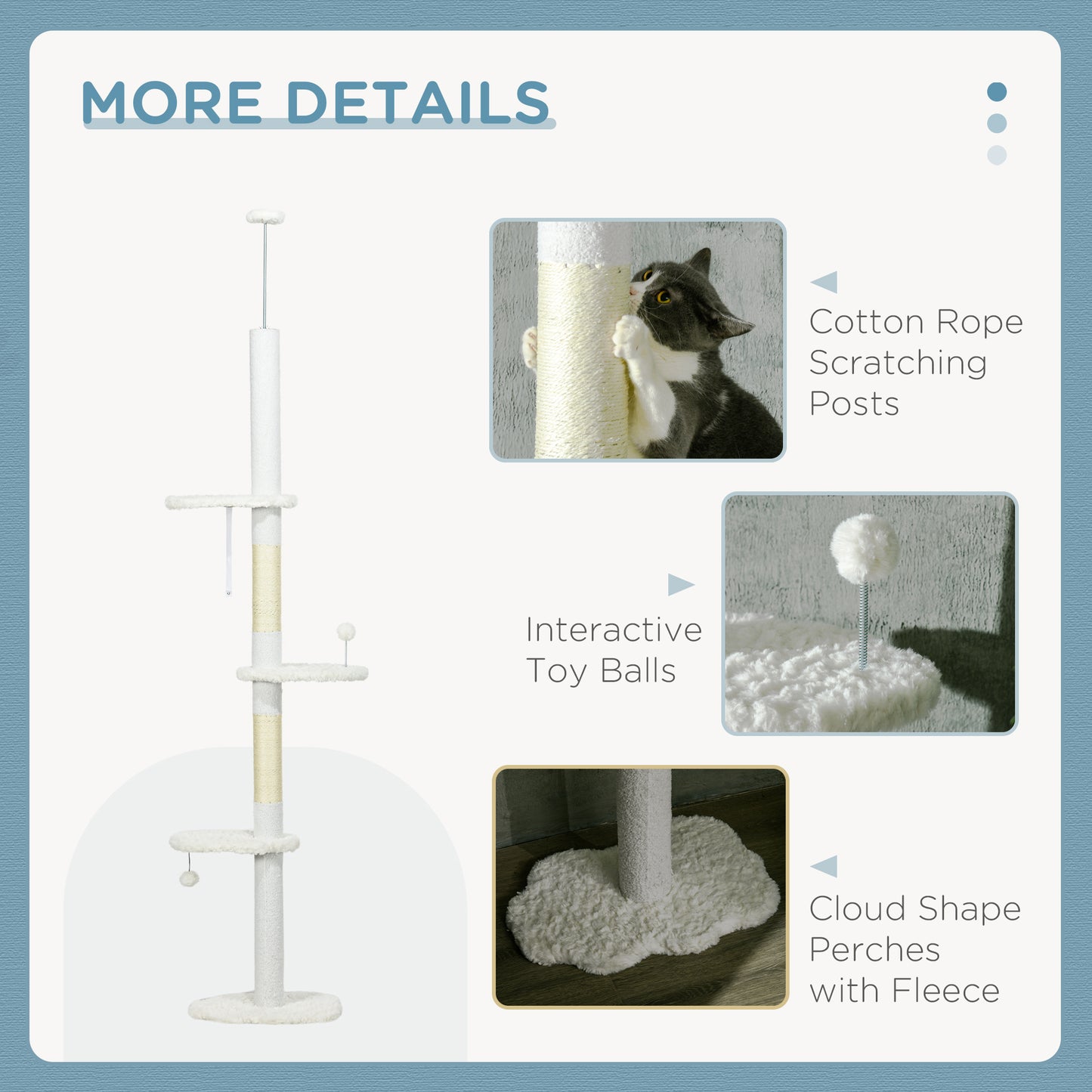 PawHut Floor to Ceiling Cat Tree with Scratching Posts, 88.5"-100.5" Adjustable Height, Cat Climbing Tower with Cloud Shape Platforms, Toy Balls, Anti-toppling Device, White