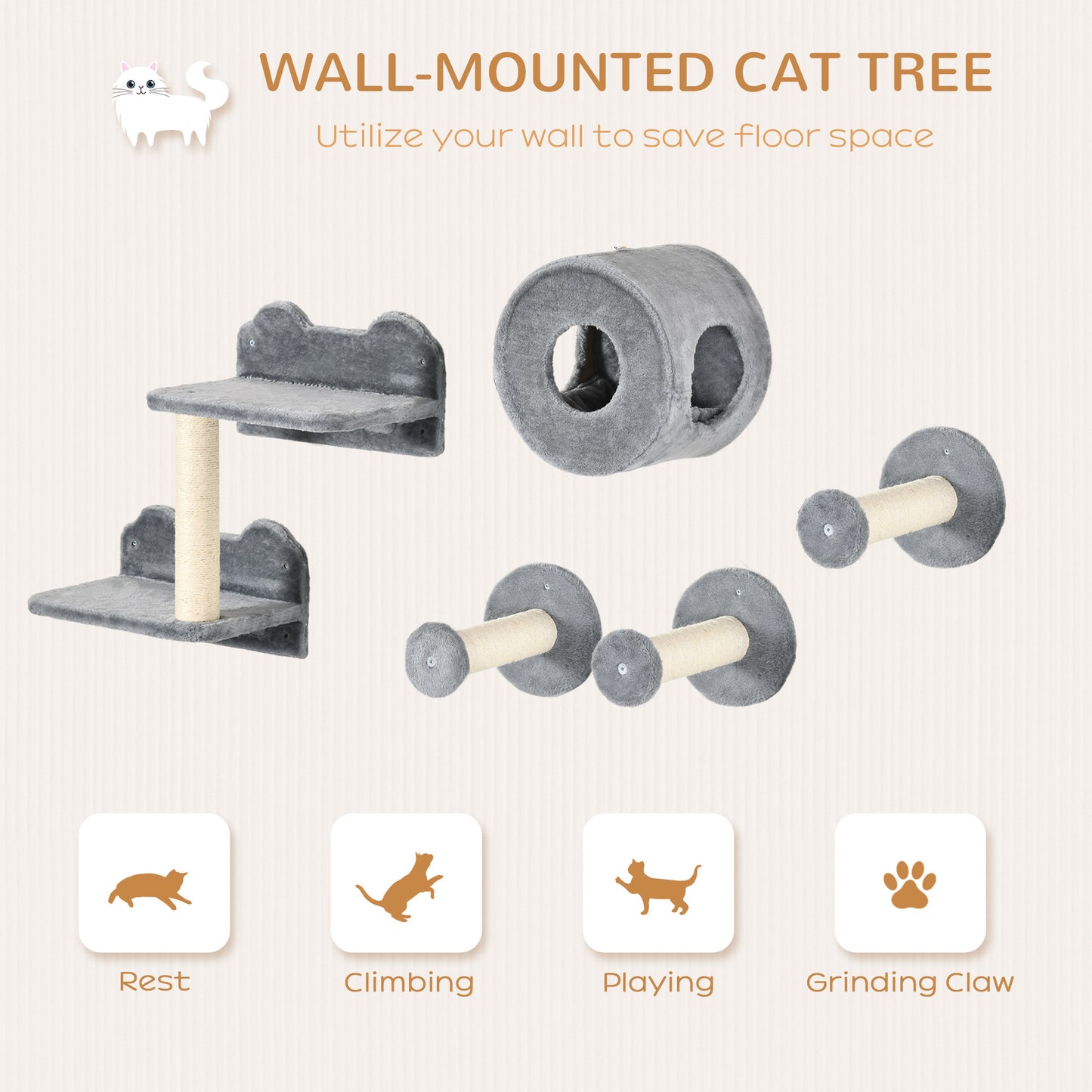 5PCs Cat Wall Shelves, Pet Wall-mounted Climbing Shelf Set, Kitten Activity Center with Condo, Cushion, Scratching Post, Jumping Platform, Brown