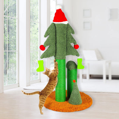 32'' Cat Scratching Post, Tall Christmas Tree Cat Scratcher with 3 Posts and Cute Dangling Teaser Balls, Natural Sisal Rope Cat Toys for Kitty and Adult Cats