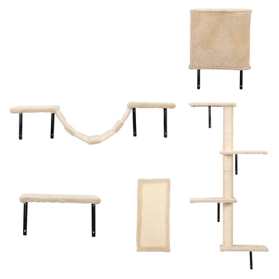 5 Pcs Wall Mounted Cat Climber Set, Floating Cat Shelves and Perches, Cat Activity Tree with Scratching Posts, Modern Cat Furniture, Beige