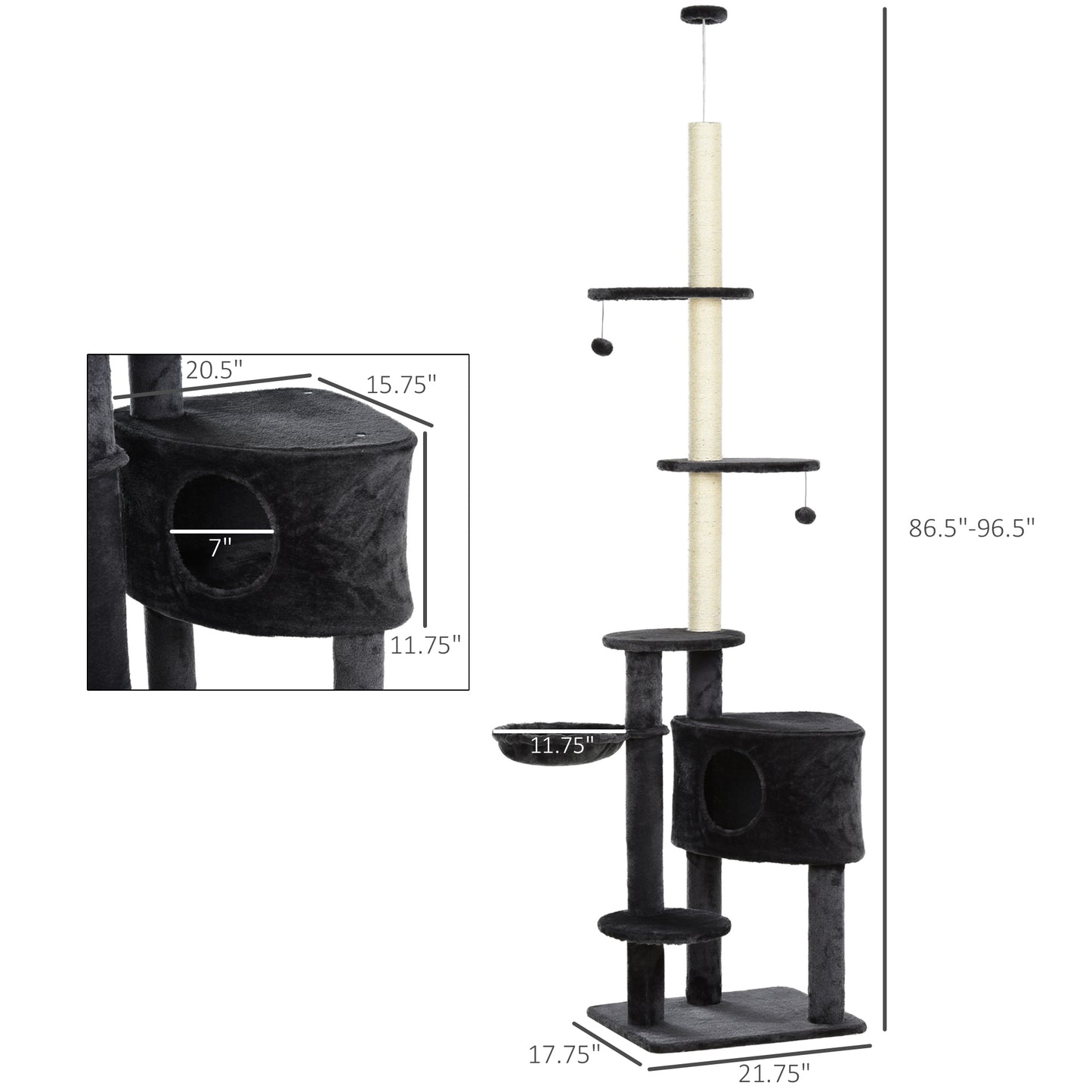 PawHut Adjustable Height Floor-To-Ceiling Vertical Cat Tree with Carpet Platforms, Condo & Rope Scratching Areas, Dark Grey