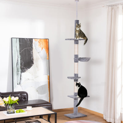 PawHut 9' Adjustable Height Floor-To-Ceiling Vertical Cat Tree - Grey and White