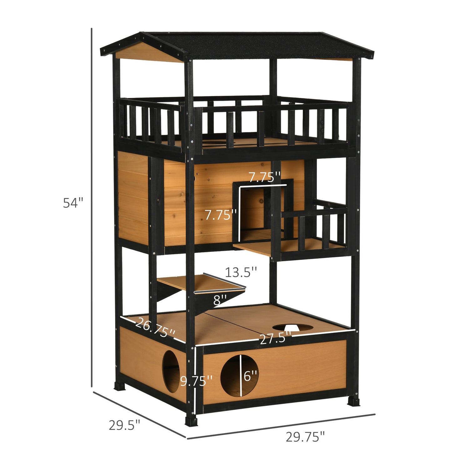 PawHut Wooden Outdoor Cat House, Feral Cat Shelter Kitten Tree with Asphalt Roof, Escape Doors, Condo, Jumping Platform, Yellow