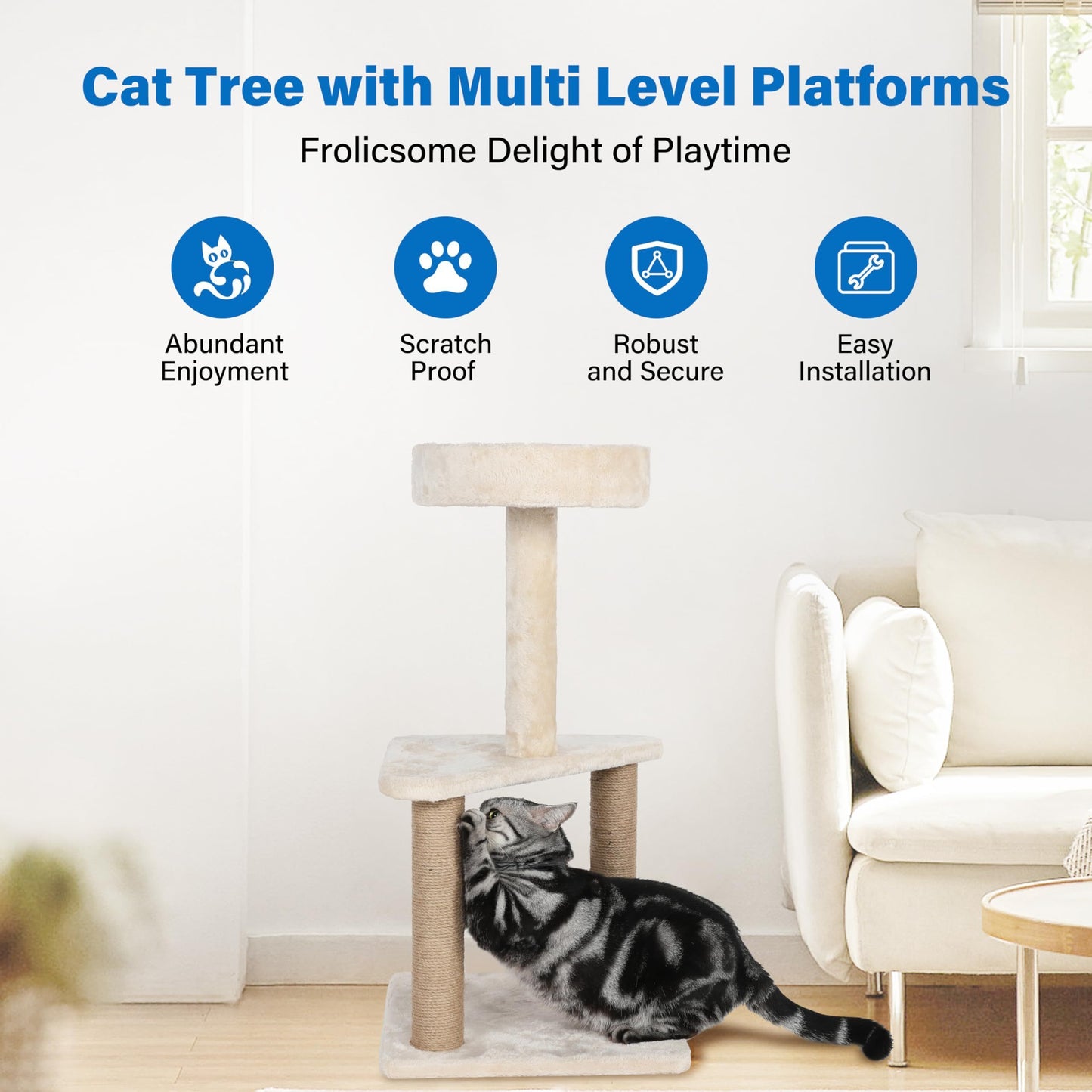 Cat Tree with Sisal Covered Scratching Post, 31.8 Inches Cat Tower with Plush Perchesfor Indoor Cats,15.7 x 31.8 Inches, Furniture Protect,Beige