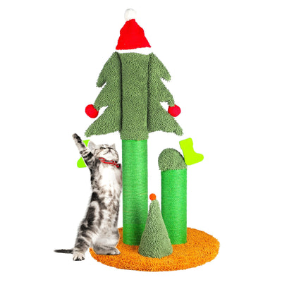 32'' Cat Scratching Post, Tall Christmas Tree Cat Scratcher with 3 Posts and Cute Dangling Teaser Balls, Natural Sisal Rope Cat Toys for Kitty and Adult Cats