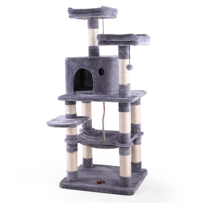 Multi-Level Cat Condo with Hammock & Scratching Posts for Kittens Tall Cat Climbing Stand with Plush Toys - light gray