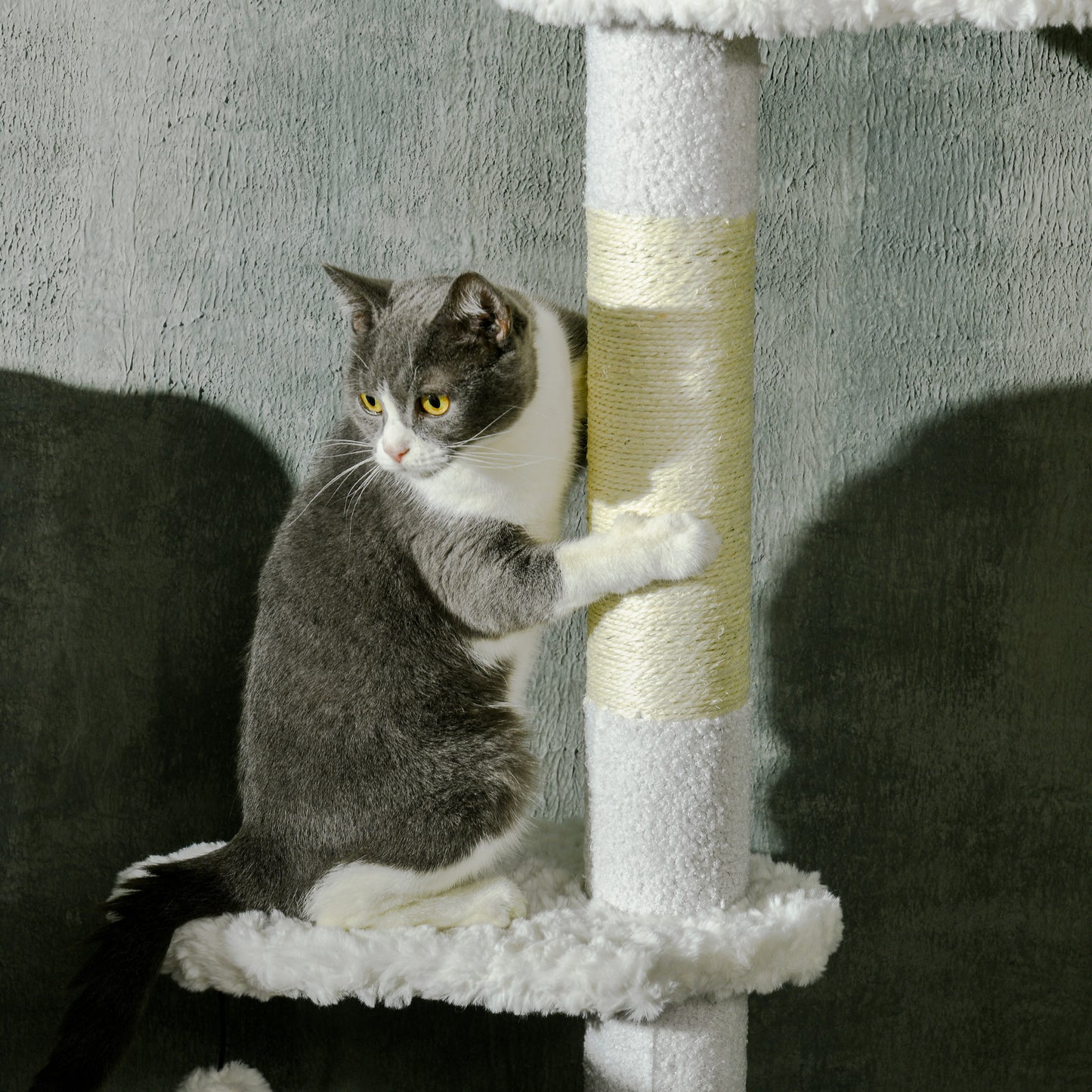 PawHut Floor to Ceiling Cat Tree with Scratching Posts, 88.5"-100.5" Adjustable Height, Cat Climbing Tower with Cloud Shape Platforms, Toy Balls, Anti-toppling Device, White