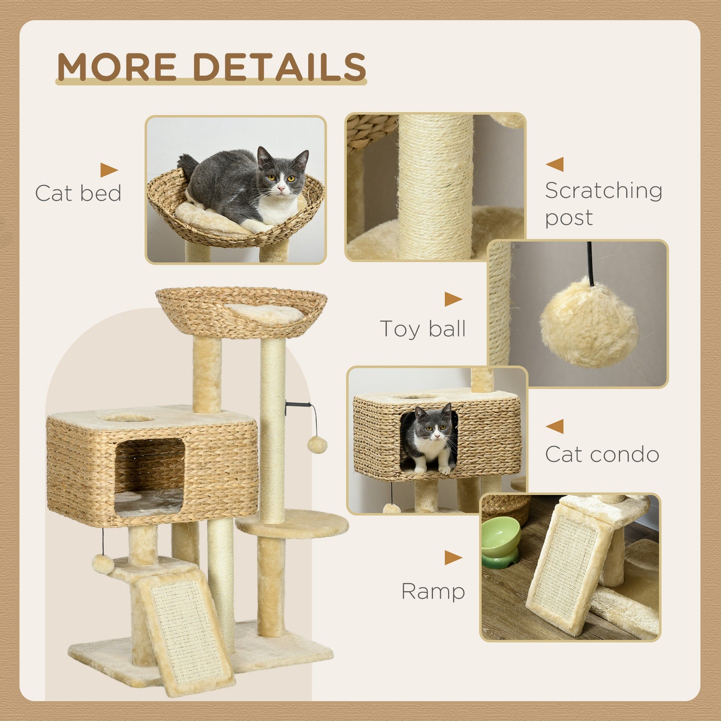 PawHut 38" Cat Tree for Indoor Cats, Cat Tower with Scratching Posts, Ramp, Condo, Toy Balls, Platform, Bed, Ramp, Beige