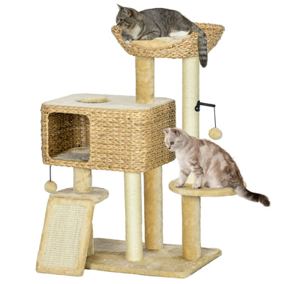 PawHut 38" Cat Tree for Indoor Cats, Cat Tower with Scratching Posts, Ramp, Condo, Toy Balls, Platform, Bed, Ramp, Beige