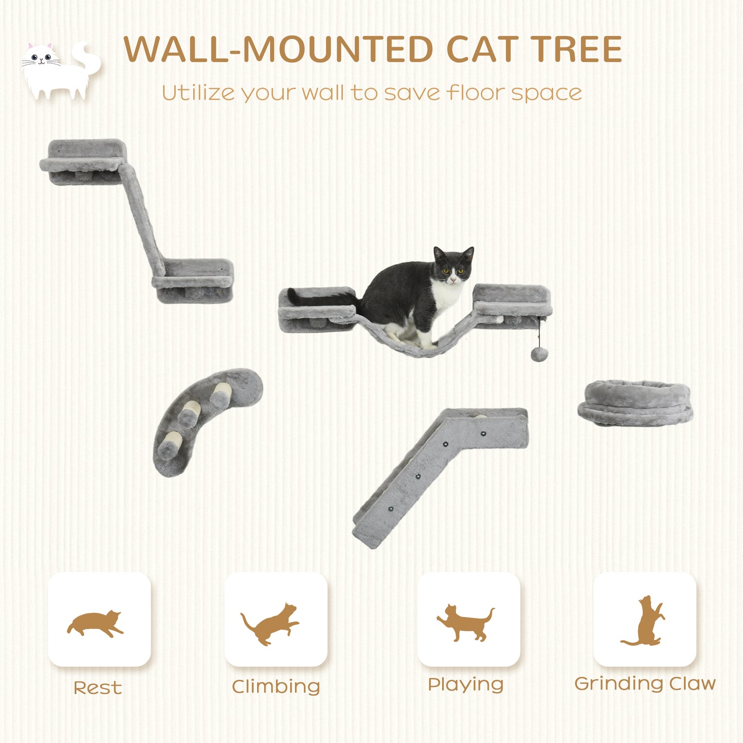 PawHut 5PCs Cat Wall Shelves, Cat Wall Furniture with Steps, Perches, Ladders, Platforms, Wall Mounted Cat Furniture with Soft Plush, Sisal, for Indoor Cats, Gray