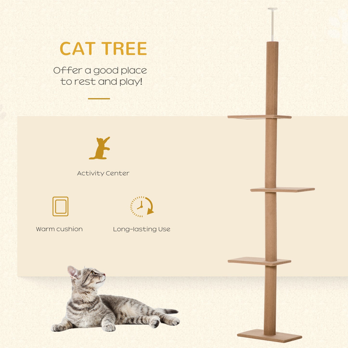 PawHut Floor-to-Ceiling Cat Tree Cat Climbing Tower with Sisal-Covered Scratching Posts Natural Cat Tree Activity Center for Kittens Cat Tower Furniture, Brown