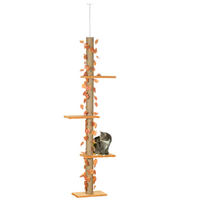 Pawhut Floor to Ceiling Cat Tree, 80" - 95" Adjustable Tall Cat Tower, 3-Level Cat Climbing Towe  for Indoor Cats with Sisal Scratching Post, Platforms, Leaves, Orange